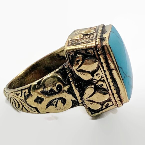 Vintage Ring Middle Eastern: Afghan Turquoise Brass Kuchi Ethnic Statement Boho - Picture 2 of 3